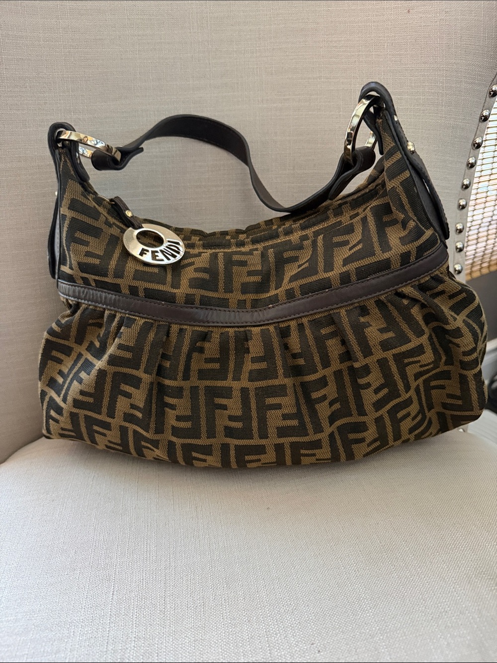 Authentic Fendi Zucca Canvas Hobo with FF Charm in Brown and Black